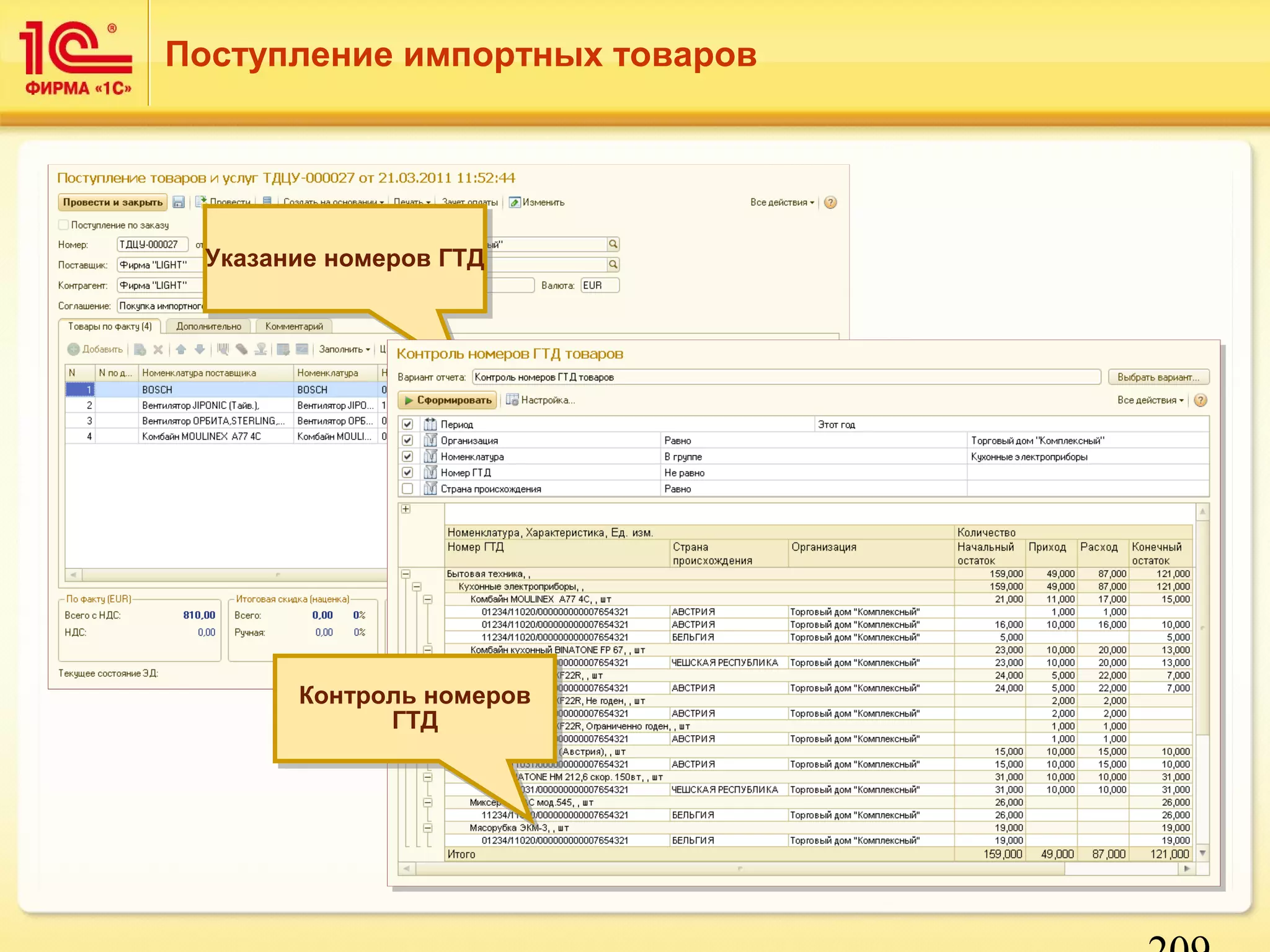 209 
Поступление импортных товаров 
УУккааззааннииее ннооммеерроовв ГГТТДД 
Контроль номеров 
Контроль номеров 
ГТД 
ГТД 
 