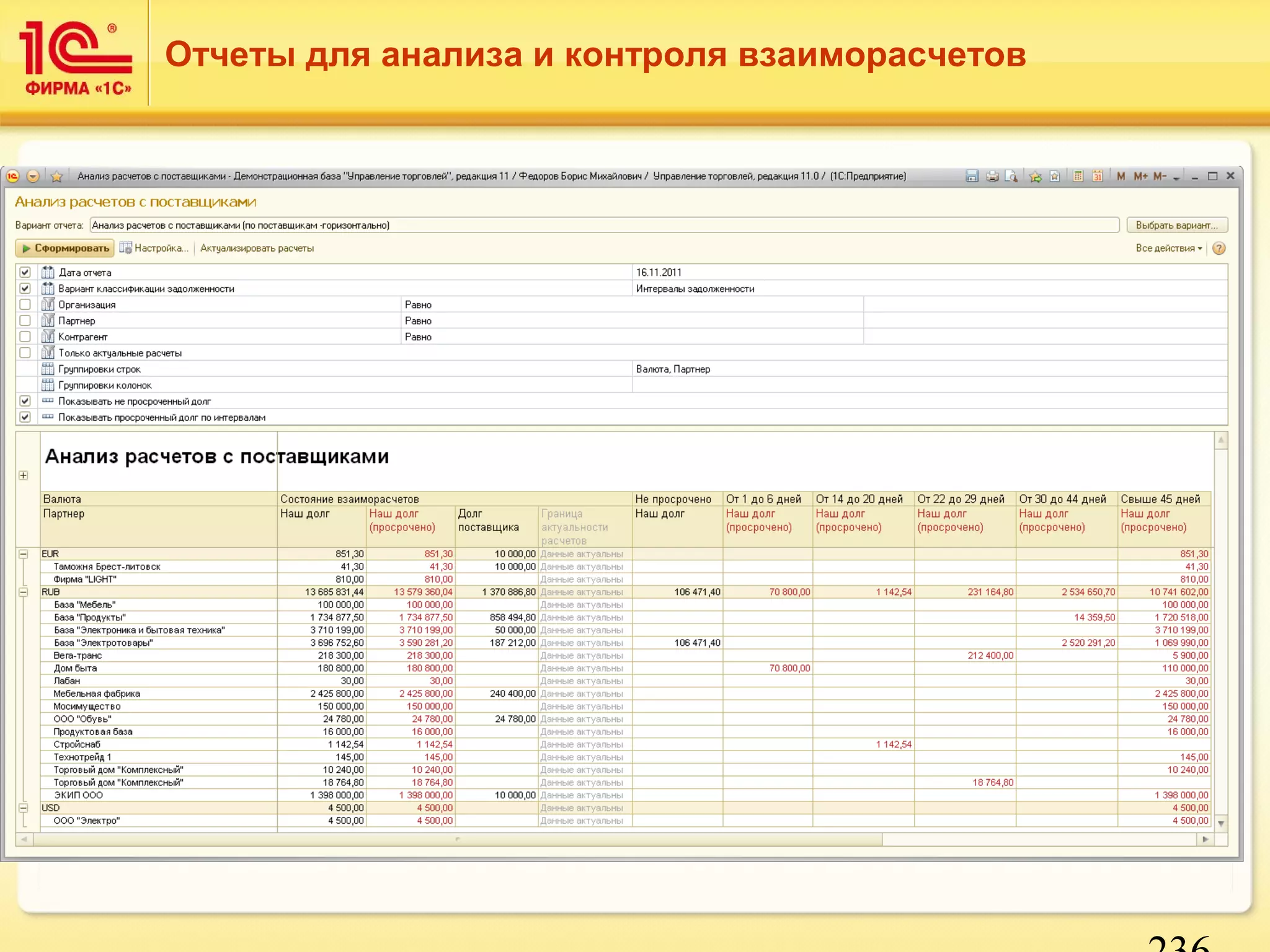 236 
Отчеты для анализа и контроля взаиморасчетов 
 Для детального анализа состояния взаиморасчетов 
и анализа глубины задолженности предусмотрены отчеты: 
 Анализ расчетов с клиентами, Анализ расчетов 
с поставщиками: 
 Отчеты показывают состояния взаиморасчетов 
по интервалам просроченной задолженности: 
— просроченная задолженность рассчитывается 
с учетом даты, которая указана в графике оплаты; 
— интервалы настраиваются произвольным образом. 
 