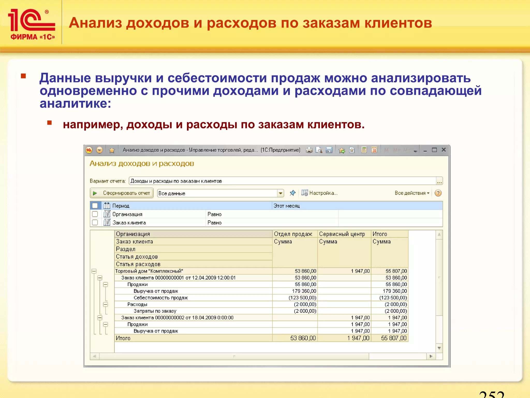 252 
Анализ доходов и расходов по заказам клиентов 
 Данные выручки и себестоимости продаж можно анализировать 
одновременно с прочими доходами и расходами по совпадающей 
аналитике: 
 например, доходы и расходы по заказам клиентов. 
 