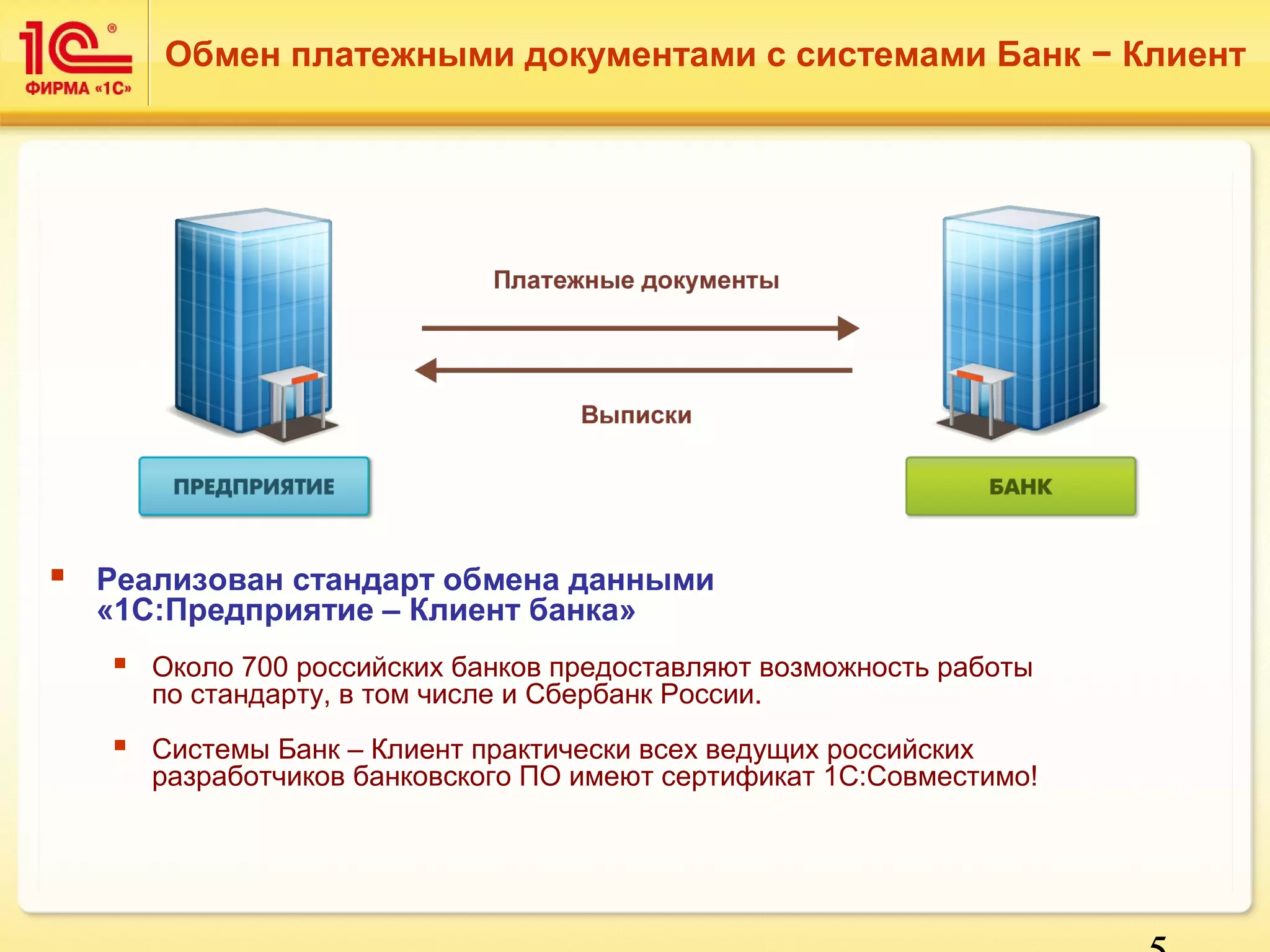 Обмен платежными документами с системами Банк − Клиент 
5 
 Реализован стандарт обмена данными 
«1С:Предприятие – Клиент банка» 
 Около 700 российских банков предоставляют возможность работы 
по стандарту, в том числе и Сбербанк России. 
 Системы Банк – Клиент практически всех ведущих российских 
разработчиков банковского ПО имеют сертификат 1С:Совместимо! 
 