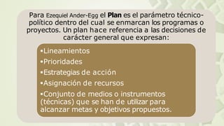 Para Ezequiel Ander-Egg el Plan es el parámetro técnico-
político dentro del cual se enmarcan los programas o
proyectos. Un plan hace referencia a las decisiones de
carácter general que expresan:
▪Lineamientos
▪Prioridades
▪Estrategias de acción
▪Asignación de recursos
▪Conjunto de medios o instrumentos
(técnicas) que se han de utilizar para
alcanzar metas y objetivos propuestos.
 