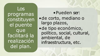 •Pueden ser:
•de corto, mediano o
largo plazos,
•de tipo económico,
político, social, cultural,
ambiental, de
infraestructura, etc.
Los
programas
constituyen
el puente
que
facilitará la
realización
del plan.
 