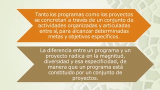 Tanto los programas como los proyectos
se concretan a través de un conjunto de
actividades organizadas y articuladas
entre sí, para alcanzar determinadas
metas y objetivos específicos.
La diferencia entre un programa y un
proyecto radica en la magnitud,
diversidad y esa especificidad, de
manera que un programa está
constituido por un conjunto de
proyectos.
 