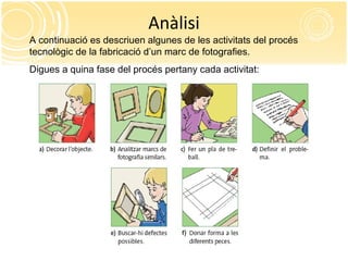 Anàlisi
A continuació es descriuen algunes de les activitats del procés
tecnològic de la fabricació d’un marc de fotografies.
Digues a quina fase del procés pertany cada activitat:
 