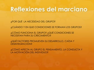 Reflexiones del marciano
¿POR QUÉ LA NECESIDAD DEL GRUPO?

¿CUÁNDO Y EN QUE CONDICIONES SE FORMAN LOS GRUPOS?

¿CÓMO FUNCIONA EL GRUPO? ¿QUÉ CONDICIONES SE
NECESITAN PARA SU CRECIMIENTO?

¿QUÉ FACTORES PROMUEVEN SU DESARROLLO, CAÍDA Y
DESINTEGRACIÓN?

¿CÓMO AFECTA AL GRUPO EL PENSAMIENTO, LA CONDUCTA Y
LA MOTIVACIÓN DEL INDIVIDUO?
 
