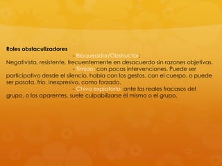 Roles obstaculizadores
                           - Bloqueador/Obstructor:
Negativista, resistente, frecuentemente en desacuerdo sin razones objetivas.
                           - Tímido: con pocas intervenciones. Puede ser
participativo desde el silencio, habla con los gestos, con el cuerpo, o puede
ser pasota, frío, inexpresivo, como forzado.
                           - Chivo expiatorio: ante los reales fracasos del
grupo, o los aparentes, suele culpabilizarse él mismo o el grupo.
 
