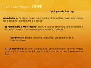 ROL CARÁCTERÍSTICO -    LIDER
                                           tipologías de liderazgo

a) Autoritario: Es aquel grupo en el cual un líder actúa como jefe y toma
las decisiones en nombre del grupo

 b) Paternalista o Maternalista: en este tipo de grupos el líder es amable
 y cordial ante las muchas necesidades de su “rebaño”.


      c) Permisivo: El líder tiende a ser pasivo, predominando el
      individualismo.


 d) Democrático: El líder favorece la comunicación, la creatividad
 grupal y la autonomía (el grupo rinde aunque no esté presente el
 líder).
 