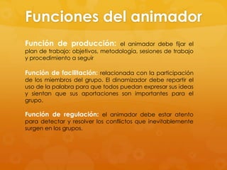 Funciones del animador
Función de producción:           el animador debe fijar el
plan de trabajo: objetivos, metodología, sesiones de trabajo
y procedimiento a seguir

Función de facilitación: relacionada con la participación
de los miembros del grupo. El dinamizador debe repartir el
uso de la palabra para que todos puedan expresar sus ideas
y sientan que sus aportaciones son importantes para el
grupo.

Función de regulación: el animador debe estar atento
para detectar y resolver los conflictos que inevitablemente
surgen en los grupos.
 