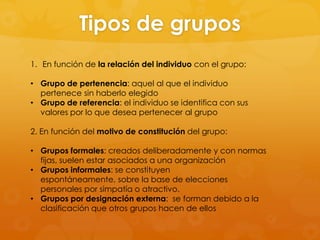 Tipos de grupos
1. En función de la relación del individuo con el grupo:

• Grupo de pertenencia: aquel al que el individuo
  pertenece sin haberlo elegido
• Grupo de referencia: el individuo se identifica con sus
  valores por lo que desea pertenecer al grupo

2. En función del motivo de constitución del grupo:

• Grupos formales: creados deliberadamente y con normas
  fijas, suelen estar asociados a una organización
• Grupos informales: se constituyen
  espontáneamente, sobre la base de elecciones
  personales por simpatía o atractivo.
• Grupos por designación externa: se forman debido a la
  clasificación que otros grupos hacen de ellos
 