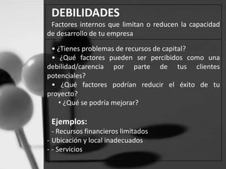 DEBILIDADES 
Factores internos que limitan o reducen la capacidad 
de desarrollo de tu empresa 
• ¿Tienes problemas de recursos de capital? 
• ¿Qué factores pueden ser percibidos como una 
debilidad/carencia por parte de tus clientes 
potenciales? 
• ¿Qué factores podrían reducir el éxito de tu 
proyecto? 
• ¿Qué se podría mejorar? 
Ejemplos: 
- Recursos financieros limitados 
- Ubicación y local inadecuados 
- - Servicios 
 