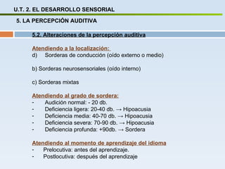U.T. 2. EL DESARROLLO SENSORIAL 5. LA PERCEPCIÓN AUDITIVA 5.2. Alteraciones de la percepción auditiva Atendiendo a la localización:  Sorderas de conducción (oído externo o medio) b) Sorderas neurosensoriales (oído interno) c) Sorderas mixtas Atendiendo al grado de sordera: Audición normal: - 20 db. Deficiencia ligera: 20-40 db.  -> Hipoacusia Deficiencia media: 40-70 db.  -> Hipoacusia Deficiencia severa: 70-90 db.  -> Hipoacusia Deficiencia profunda: +90db.  -> Sordera Atendiendo al momento de aprendizaje del idioma Prelocutiva: antes del aprendizaje. Postlocutiva: después del aprendizaje  