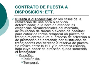  Puesta a disposición: en los casos de la
realización de una obra o servicio
determinado; a la hora de atender las
exigencias circunstanciales del mercado,
acumulación de tareas o exceso de pedidos;
para cubrir de forma temporal un puesto de
trabajo mientras dura el proceso de selección o
de promoción de personal; por sustitución de
trabajadores con derecho a reserva de puesto.
Se realiza entre la ETT y la empresa usuaria,
bajo cuyo poder de dirección queda sometido
el trabajador.
 Duración:
 Indefinido.
 Temporal.
CONTRATO DE PUESTA A
DISPOSICIÓN: ETT.
 
