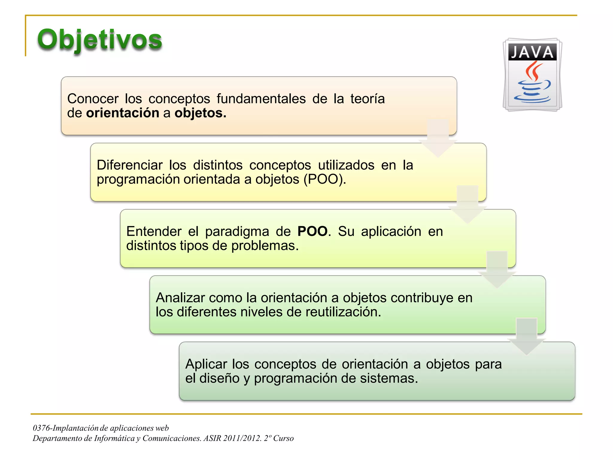Conocer los conceptos fundamentales de la teoría
         de orientación a objetos.


                 Diferenciar los distintos conceptos utilizados en la
                 programación orientada a objetos (POO).


                         Entender el paradigma de POO. Su aplicación en
                         distintos tipos de problemas.


                                Analizar como la orientación a objetos contribuye en
                                los diferentes niveles de reutilización.


                                        Aplicar los conceptos de orientación a objetos para
                                        el diseño y programación de sistemas.


0376-Implantación de aplicaciones web
Departamento de Informática y Comunicaciones. ASIR 2011/2012. 2º Curso
 