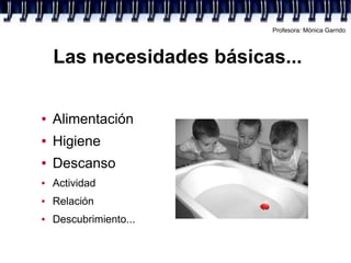 Profesora: Mónica Garrido



    Las necesidades básicas...

●   Alimentación
●   Higiene
●   Descanso
●   Actividad
●   R...