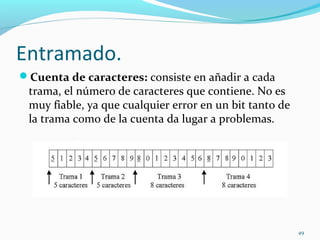 Entramado. Cuenta de caracteres:  consiste en añadir a cada trama, el número de caracteres que contiene. No es muy fiable, ya que cualquier error en un bit tanto de la trama como de la cuenta da lugar a problemas.  