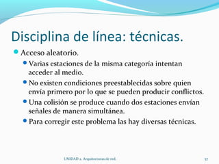 Disciplina de línea: técnicas. Acceso aleatorio.  Varias estaciones de la misma categoría intentan acceder al medio.  No existen condiciones preestablecidas sobre quien envía primero por lo que se pueden producir conflictos. Una colisión se produce cuando dos estaciones envían señales de manera simultánea.  Para corregir este problema las hay diversas técnicas. UNIDAD 2. Arquitecturas de red.  