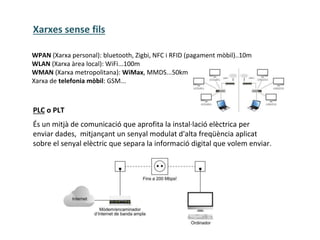 WPAN (Xarxa personal): bluetooth, Zigbi, NFC i RFID (pagament mòbil)..10m
WLAN (Xarxa àrea local): WiFi...100m
WMAN (Xarxa metropolitana): WiMax, MMDS...50km
Xarxa de telefonia mòbil: GSM...
Xarxes sense fils
PLC o PLT
És un mitjà de comunicació que aprofita la instal·lació elèctrica per
enviar dades, mitjançant un senyal modulat d'alta freqüència aplicat
sobre el senyal elèctric que separa la informació digital que volem enviar.
 