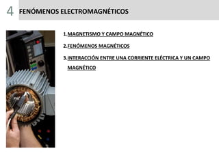 FENÓMENOS ELECTROMAGNÉTICOS
1.MAGNETISMO Y CAMPO MAGNÉTICO
2.FENÓMENOS MAGNÉTICOS
3.INTERACCIÓN ENTRE UNA CORRIENTE ELÉCTRICA Y UN CAMPO
MAGNÉTICO
4
 