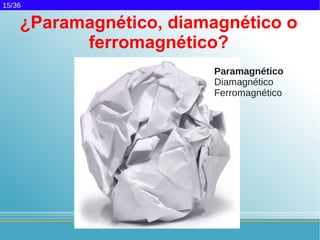 15/36

    ¿Paramagnético, diamagnético o
          ferromagnético?
                         Paramagnético
                         Diamagnético
                         Ferromagnético
 
