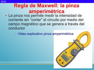 30/36

           Regla de Maxwell: la pinza
                 amperimétrica
    ●   La pinza nos permite medir la intensidad de
        corriente sin “cortar” el circuito por medio del
        campo magnético que se genera a través del
        conductor
            –   Video explicativo pinza amperimétrica
 