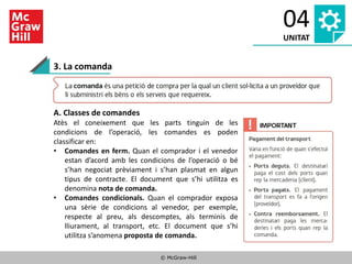 © McGraw-Hill
04
UNITAT
3. La comanda
A. Classes de comandes
Atès el coneixement que les parts tinguin de les
condicions de l’operació, les comandes es poden
classificar en:
• Comandes en ferm. Quan el comprador i el venedor
estan d’acord amb les condicions de l’operació o bé
s’han negociat prèviament i s’han plasmat en algun
tipus de contracte. El document que s’hi utilitza es
denomina nota de comanda.
• Comandes condicionals. Quan el comprador exposa
una sèrie de condicions al venedor, per exemple,
respecte al preu, als descomptes, als terminis de
lliurament, al transport, etc. El document que s’hi
utilitza s’anomena proposta de comanda.
 