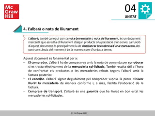 © McGraw-Hill
04
UNITAT
4. L’albarà o nota de lliurament
Aquest document és fonamental per a:
• El comprador. L’albarà ha de comparar-se amb la nota de comanda per corroborar
si es tracta efectivament de la mercaderia sol·licitada. També resulta útil a l’hora
de confrontar els productes o les mercaderies rebuts segons l’albarà amb la
factura posterior.
• El venedor. L’albarà signat degudament pel comprador suposa la prova d’haver
lliurat la mercaderia de manera conforme i, a més, facilita l’elaboració de la
factura.
• L’empresa de transport. L’albarà és una garantia que ha lliurat en bon estat les
mercaderies sol·licitades.
 