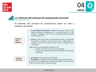 © McGraw-Hill
04
UNITAT
1.2. Elements del contracte de compravenda mercantil
Els elements del contracte de compravenda poden ser reals o
materials i personals:
Elements
reals o
materials
• La cosa objecte del contracte. L’objecte del contracte sol ser un bé
moble (anomenats mercaderies), tot i que també pot ser un bé
immoble o intangible, com el dret de propietat intel·lectual sobre
marques, patents, etc.
• El preu. El preu ha de ser cert i estar expressat en diners o en signe que
els representi, entenent-se per preu cert el que és determinable. La
moneda en què es fixi el preu ha de ser euros o estrangera extra-
comunitària..
Segons el preu, les vendes poden classificar-se en:
▪ Vendes a preu ferm: el preu no es pot modificar.
▪ Vendes a preu variable: es tenen en compte les circumstàncies
del mercat.
• El venedor. Persona que lliura la mercaderia.
• El comprador. Persona que rep la mercaderia i paga el preu acordat.
El Codi de comerç estableix que, per poder contractar, cal tenir capacitat
d’obrar, ser major d’edat o menor emancipat.
Elements
personals
 