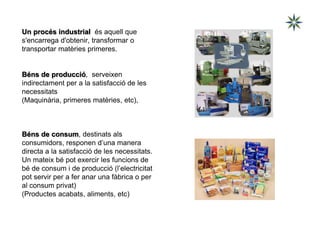 Un procés industrial és aquell que
s'encarrega d'obtenir, transformar o
transportar matèries primeres.
Béns de producció, serveixen
indirectament per a la satisfacció de les
necessitats
(Maquinària, primeres matèries, etc),
Béns de consum, destinats als
consumidors, responen d’una manera
directa a la satisfacció de les necessitats.
Un mateix bé pot exercir les funcions de
bé de consum i de producció (l’electricitat
pot servir per a fer anar una fàbrica o per
al consum privat)
(Productes acabats, aliments, etc)
 