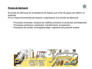Procés de fabricació
El procés de fabricació és la seqüència de passos que s’han de seguir per obtenir un
producte
Hi ha 3 fases fonamentals pel disseny i organització d’un procés de fabricació:
- Processos d’entrada: recepció de matèries primeres i/o productes semielaborats.
- Processos productius: preparació, transformació, envasament, ...
- Processos de sortida: emmagatzematge i expedició del producte acabat.
 