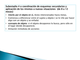 Subestadio 4 o coordinación de esquemas secundarios y
aplicación de los mismos a nuevas situaciones (de 8 a 12
meses)
• Interés por el objeto en sí, Actos intencionados hacia metas.
• Comienza a diferenciar entre el sujeto y objeto ( se le riñe por hacer
algo con un objeto y se enfada)
• concepto de objeto: si el objeto desaparece lo busca, pero sólo en
el lugar donde desapareció.
• Imitación inmediata de acciones
 
