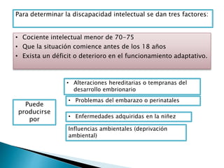 Para determinar la discapacidad intelectual se dan tres factores:
• Cociente intelectual menor de 70-75
• Que la situación comience antes de los 18 años
• Exista un déficit o deterioro en el funcionamiento adaptativo.
Puede
producirse
por
• Alteraciones hereditarias o tempranas del
desarrollo embrionario
• Problemas del embarazo o perinatales
• Enfermedades adquiridas en la niñez
Influencias ambientales (deprivación
ambiental)
 