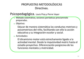 PROPUESTAS METODOLÓGICAS
                  Directivas.
Psicopedagógica. Louis Picq y Pierre Vayer
     Método sistemático, sesiones periódicas previamnete
     preparadas.
     Objetivo:
      Educar de manera sistemática las conductas motrices y
      psicomotrices del niño, facilitando con ello la acción
      educativa y su integración escolar y social.
     Actividades:
      El dinamismo motor está estrechamente ligado a la
      actividad mental. Desde la impulsividad motriz hasta el
      estadio proyectivo. Diferenciación porgresiva de las
      funciones mentales y motricidad.

                                                               10
 