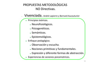 PROPUESTAS METODOLÓGICAS
           NO Directivas.
•   Vivenciada. André Lapierre y Bernard Aucouturier
       Principios teóricos.
          Neurofisiológicos.
          Psicogenéticos.
          Semánticos.
          Epistemológicos.
       Enfoque pedagógico.
          Observación y escucha.
          Nociones primitivas y fundamentales.
          Expresión y diferente formas de abstracción.
       Experiencias de sesiones psicomotrices.
                                                       12
 