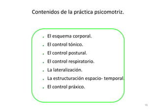 Contenidos de la práctica psicomotriz.



      El esquema corporal.
      El control tónico.
      El control postural.
      El control respiratorio.
      La lateralización.
      La estructuración espacio- temporal.
      El control práxico.


                                             16
 