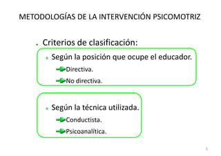 METODOLOGÍAS DE LA INTERVENCIÓN PSICOMOTRIZ


     Criterios de clasificación:
       Según la posición que ocupe el educador.
           Directiva.
           No directiva.


       Según la técnica utilizada.
           Conductista.
           Psicoanalítica.

                                                  5
 