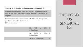 DELEGAD
OS
SINDICAL
ES
Número de delegados sindicales por sección sindical
Secciones sindicales de sindicatos que no hayan obtenido el
10% de los votos en la elección de miembros de comité de
empresa
1
Secciones sindicales de sindicatos
que hayan obtenido, al menos, el
10% de los votos
De 250 a 750 trabajadores 1
De 751 a 2.000
trabajadores
2
De 2.001 a 5.000
trabajadores
3
De 5.001 en adelante 4
 