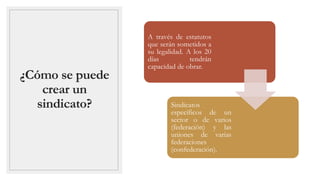 ¿Cómo se puede
crear un
sindicato?
A través de estatutos
que serán sometidos a
su legalidad. A los 20
días tendrán
capacidad de obrar.
Sindicatos
específicos de un
sector o de varios
(federación) y las
uniones de varias
federaciones
(confederación).
 