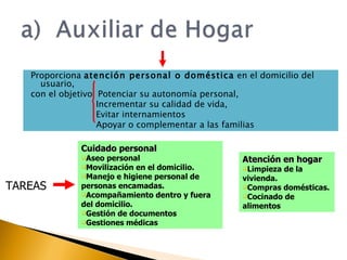 Proporciona  atención personal o doméstica  en el domicilio del usuario,  con el objetivo: Potenciar su autonomía personal, Incrementar su calidad de vida,  Evitar internamientos  Apoyar o complementar a las familias  Cuidado personal Aseo personal Movilización en el domicilio. Manejo e higiene personal de personas encamadas. Acompañamiento dentro y fuera del domicilio. Gestión de documentos Gestiones médicas TAREAS Atención en hogar Limpieza de la vivienda. Compras domésticas. Cocinado de alimentos 
