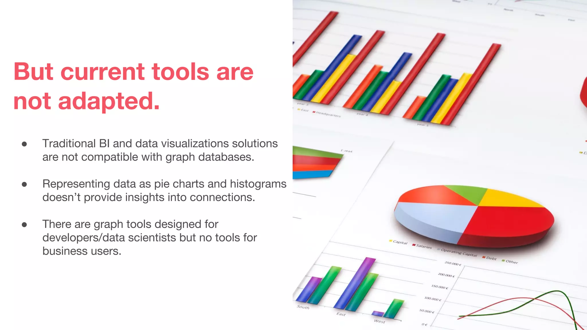 But current tools are
not adapted.
● Traditional BI and data visualizations solutions
are not compatible with graph databases.
● Representing data as pie charts and histograms
doesn’t provide insights into connections.
● There are graph tools designed for
developers/data scientists but no tools for
business users.
 