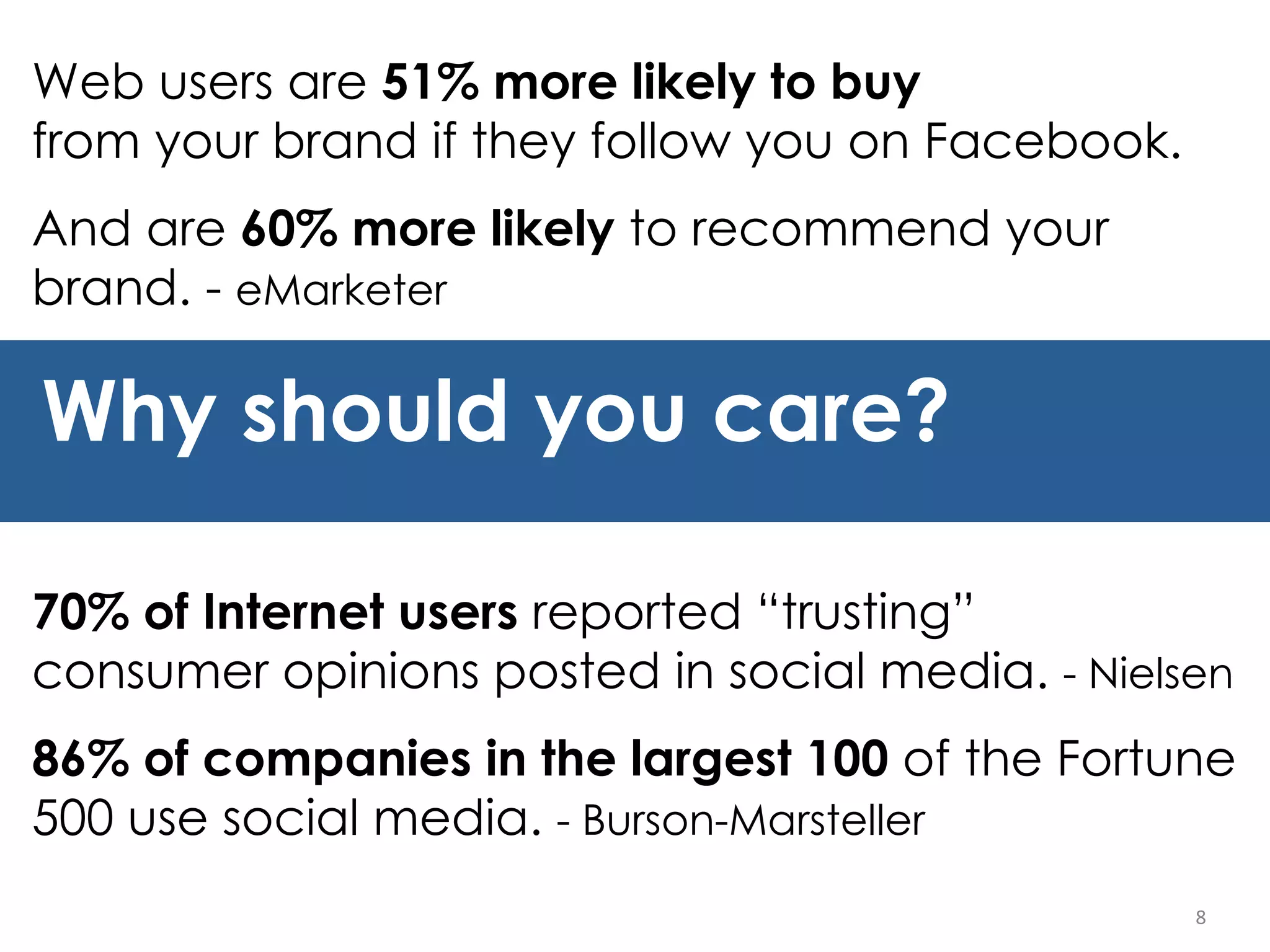 8 Why should you care? Web users are  51% more likely to buy   from your brand if they follow you on Facebook. And are  60% more likely  to recommend your brand. -  eMarketer 70% of Internet users  reported  “trusting”  consumer opinions posted in social media.  - Nielsen 86% of companies in the largest 100  of the Fortune 500 use social media.  - Burson-Marsteller 