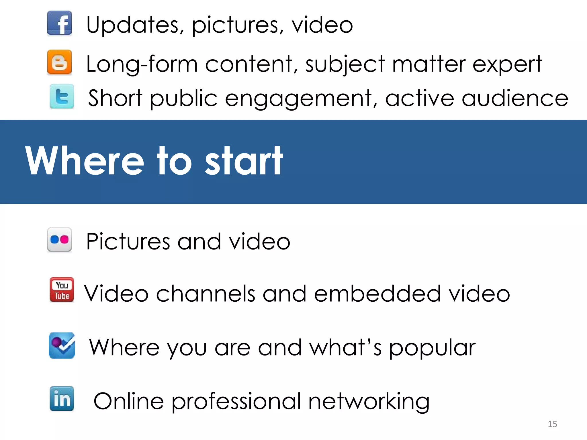15 Where to start Updates, pictures, video Long-form content, subject matter expert Pictures and video Video channels and embedded video Short public engagement, active audience Where you are and what’s popular Online professional networking 