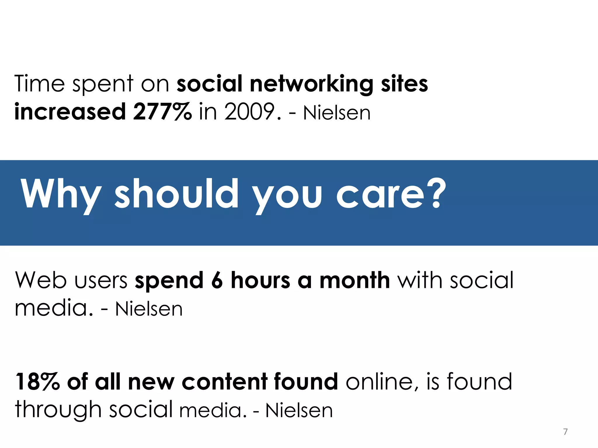 Time spent on  social networking sites increased 277%  in 2009. -  Nielsen Web users  spend 6 hours a month  with social media. -  Nielsen 18% of all new content found  online, is found through social  media. - Nielsen 7 Why should you care? 