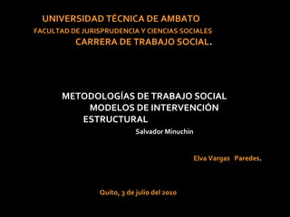 UNIVERSIDAD TÉCNICA DE AMBATO
FACULTAD DE JURISPRUDENCIA Y CIENCIAS SOCIALES
          CARRERA DE TRABAJO SOCIAL.




       METODOLOGÍAS DE TRABAJO SOCIAL
           MODELOS DE INTERVENCIÓN
          ESTRUCTURAL
                             Salvador Minuchin


                                                 Elva Vargas Paredes.



                 Quito, 3 de julio del 2010
 