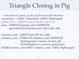Triangle Closing in Pig
-- connections in (source_id, dest_id) format in both directions
connections = LOAD `connections` ...