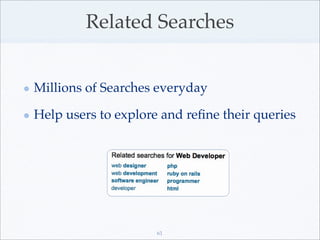 Related Searches


Millions of Searches everyday

Help users to explore and reﬁne their queries




                     61
 