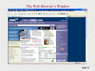 Slide 13
Standard Toolbar–
Contains Navigation buttons
Address Bar–
Contains URL of
Web page
Back & Forward Buttons–
Take you to recently visited
pages
Stop Button–
Stops downloading
Refresh Button–
Updates (refreshes) the
page
Home Button– Returns
to default start page
Search Button– Opens
search engine program
Favorites Button– List of
bookmarked Web pages
Media Button– Opens
media player program
History Button– List of
Web sites visited over a
period of time
E-Mail Button– Opens
e-mail program
Printer Button– Prints
documents
Other Navigation ButtonsProgram icon–
Animates when
downloading
Status bar– Messages
about the browser’s
operation
Hyperlinks
The Web Browser’s Window
Click to view the various parts of a Web browser’s window.
 