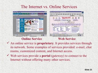 Slide 23
The Internet vs. Online Services
 An online service is proprietary. It provides services through
its network. Some examples of services provided: e-mail, chat
rooms, customized content, and Internet access.
 Web services provide a portal (gateway) to connect to the
Internet without offering many other services.
Online Service Web Service
 