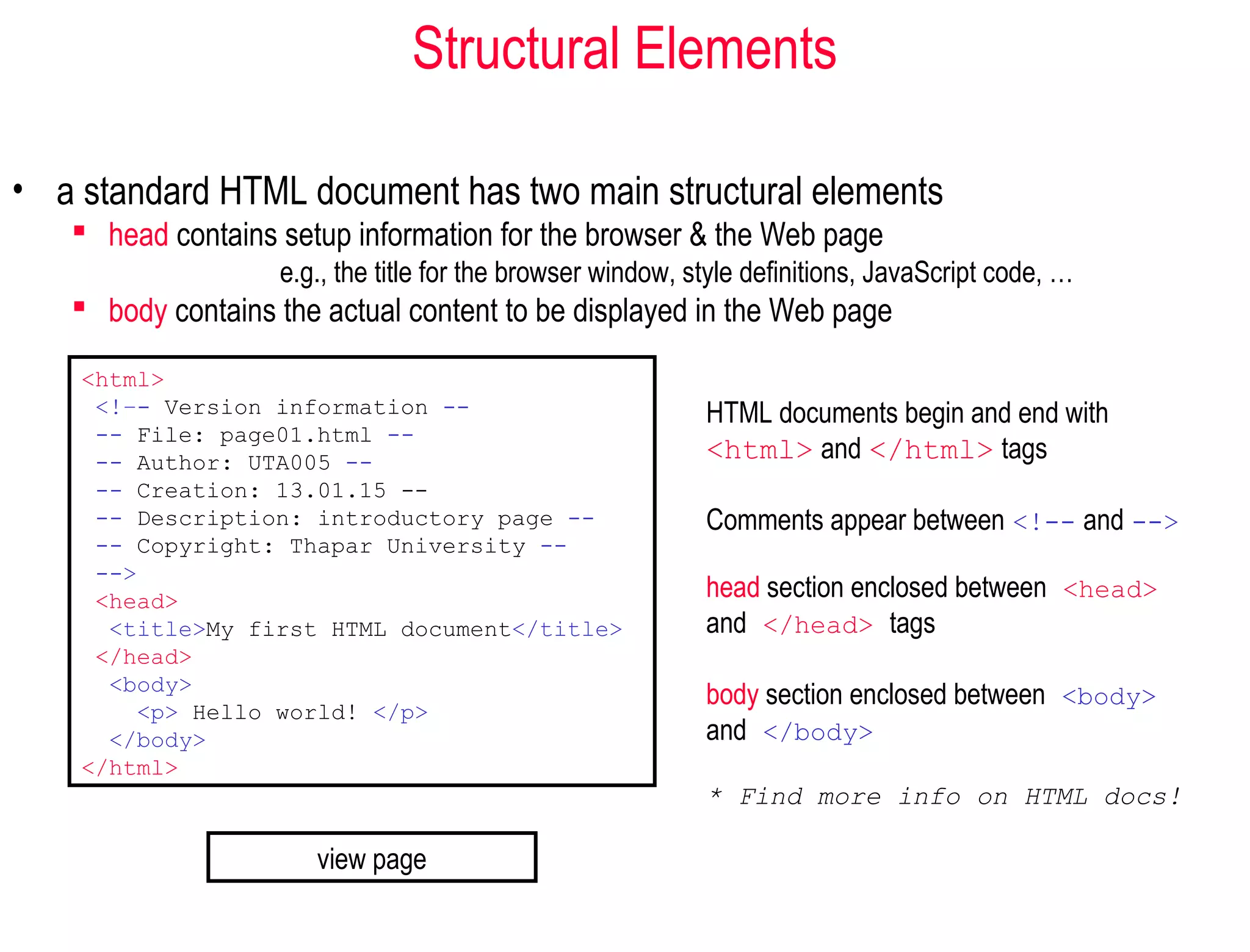 Structural Elements
• a standard HTML document has two main structural elements
 head contains setup information for the browser & the Web page
e.g., the title for the browser window, style definitions, JavaScript code, …
 body contains the actual content to be displayed in the Web page
<html>
<!–- Version information --
-- File: page01.html --
-- Author: UTA005 --
-- Creation: 13.01.15 --
-- Description: introductory page --
-- Copyright: Thapar University --
-->
<head>
<title>My first HTML document</title>
</head>
<body>
<p> Hello world! </p>
</body>
</html>
HTML documents begin and end with
<html> and </html> tags
Comments appear between <!-- and -->
head section enclosed between <head>
and </head> tags
body section enclosed between <body>
and </body>
* Find more info on HTML docs!
view page
 
