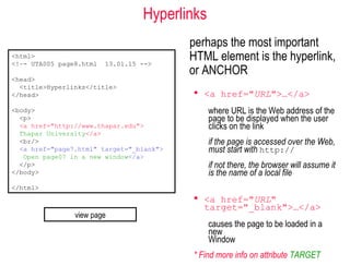 Hyperlinks
perhaps the most important
HTML element is the hyperlink,
or ANCHOR
 <a href="URL">…</a>
where URL is the Web address of the
page to be displayed when the user
clicks on the link
if the page is accessed over the Web,
must start with http://
if not there, the browser will assume it
is the name of a local file
 <a href="URL"
target="_blank">…</a>
causes the page to be loaded in a
new
Window
* Find more info on attribute TARGET
<html>
<!–- UTA005 page8.html 13.01.15 -->
<head>
<title>Hyperlinks</title>
</head>
<body>
<p>
<a href="http://www.thapar.edu">
Thapar University</a>
<br/>
<a href="page7.html" target="_blank">
Open page07 in a new window</a>
</p>
</body>
</html>
view page
 