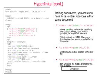 Hyperlinks (cont.)
for long documents, you can even
have links to other locations in that
same document
 <xxxx id="ident">…</xxxx>
where ident is a variable for identifying
this location, where "xxxx" can, in
principle, be any HTML element
(this is actually an HTML5 language
specification, but seems to work in most
browsers)
 <a href="#ident">…</a>
will then jump to that location within the
file
 <a href="URL#ident">…</a>
can jump into the middle of another file
just as easily
<html>
<!–- UTA005 page9.html 14.01.15 -->
<head>
<title>Internal Links in a Page</title>
</head>
<body>
<p>
[ <a href="#HTML">HTML</a> |
<a href="#HTTP">HTTP</a> |
<a href="#IP">IP</a> |
<a href="#TCP">TCP</a> ]
</p>
<p>
Computer acronyms:
<dl>
<dt id="HTML">HTML</dt>
<dd>HyperText Markup Language
<dt id="HTTP">HTTP</dt>
<dd>HyperText Transfer Protocol…</dd>
<dt id="IP">IP</dt>
<dd>Internet Protocol…</dd>
<dt id="TCP">TCP</dt>
<dd>Transfer Control Protocol…</dd>
</dl>
</p>
</body>
</html>
view page
 